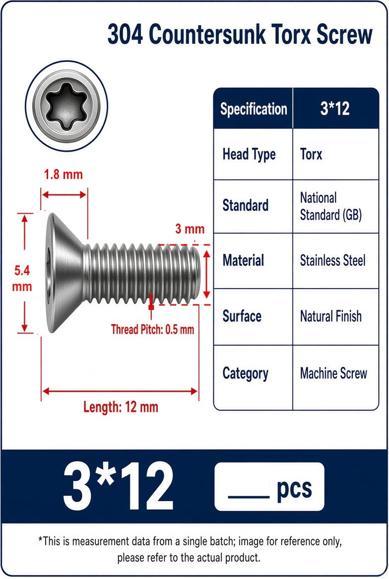 M3x12 Stainless 304 Steel A2 Countersunk Torx Machine Screw T10 Bolt