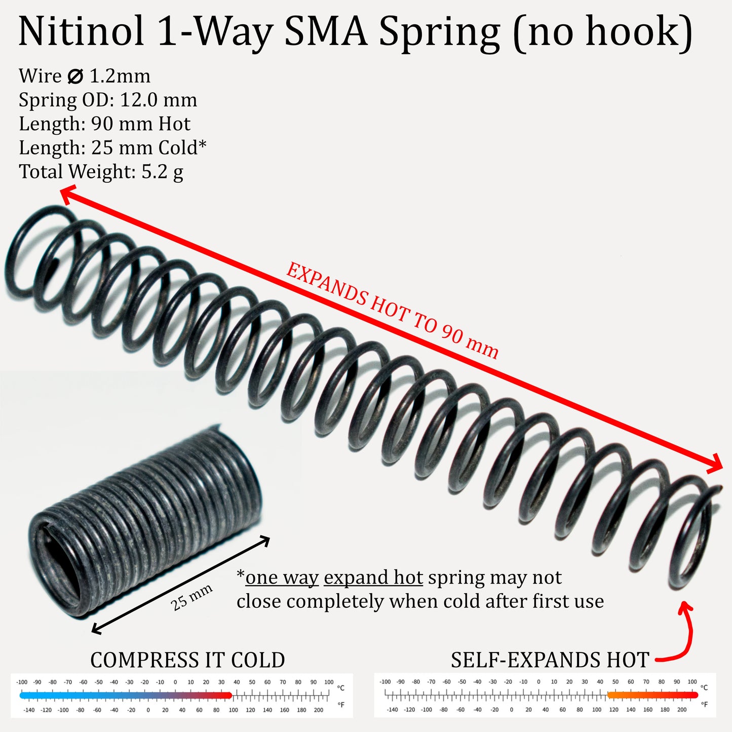 Nitinol 1-Way & 2-Way Af45-60C (113-140F) Spring with Hook All Sizes