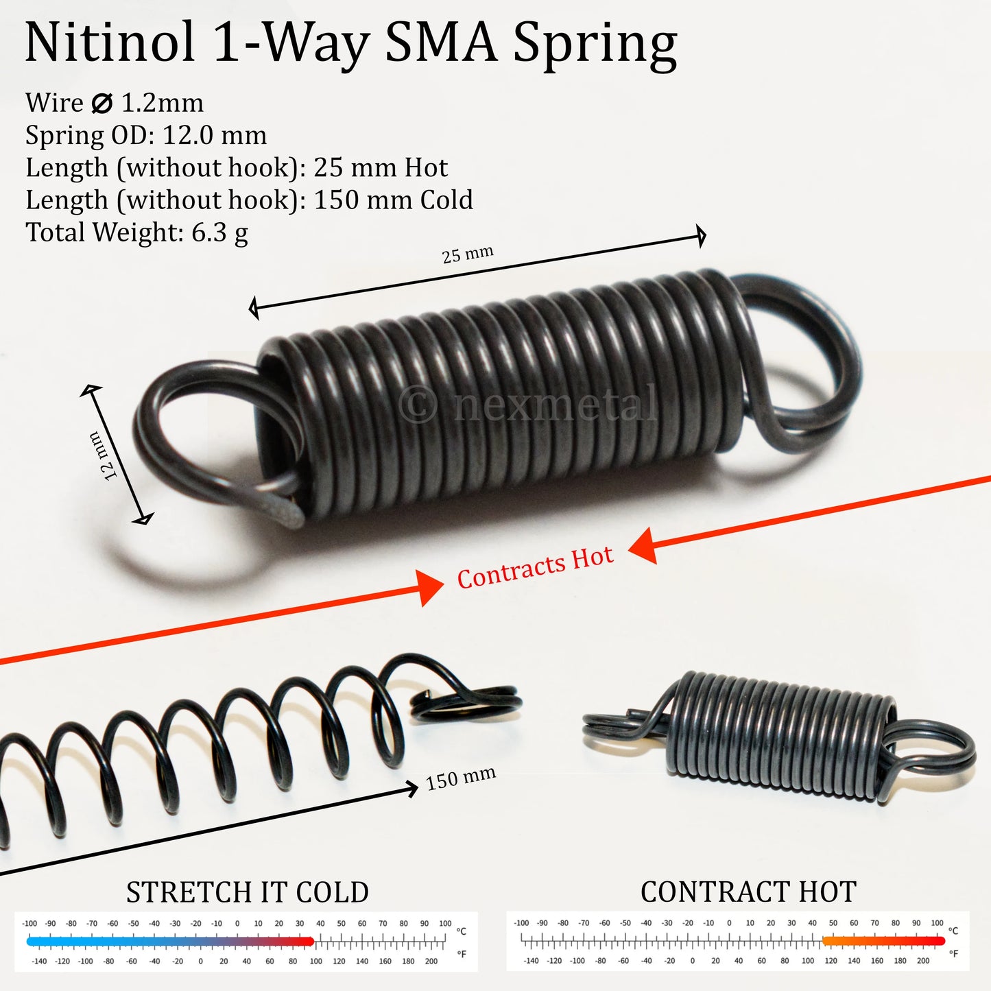 Nitinol 1-Way & 2-Way Af45-60C (113-140F) Spring with Hook All Sizes